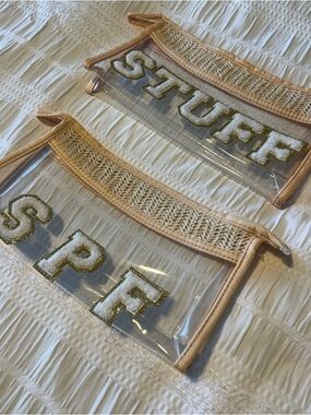 Clear Waterproof 'STUFF' & ‘SPF’ Patchwork Cosmetic Pouches